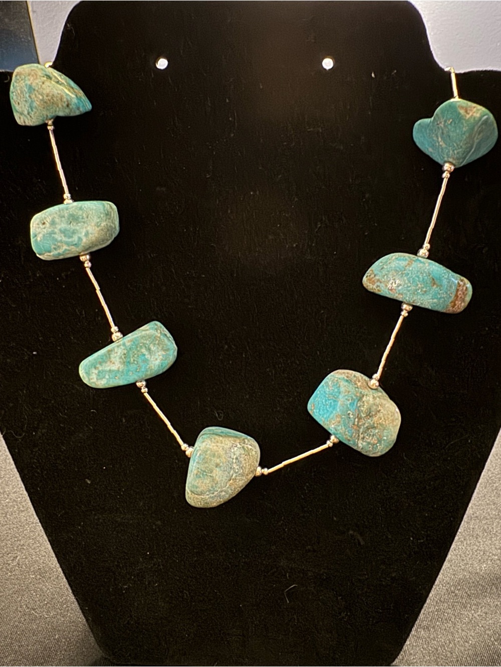 Vintage Southwestern Sterling Silver Liquid Silver & Turquoise Nugget Necklace
